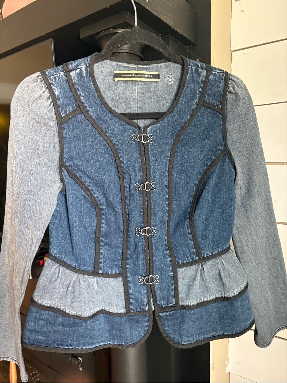 Democracy Two-Tone Blue Denim Peplum Jacket Anthropologie